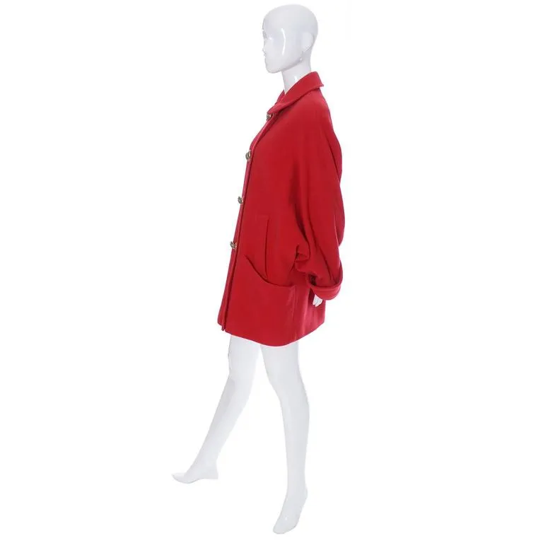 1980s Guy Laroche Boutique Vintage Red Wool Coat Brass Buttons Dolman Sleeves