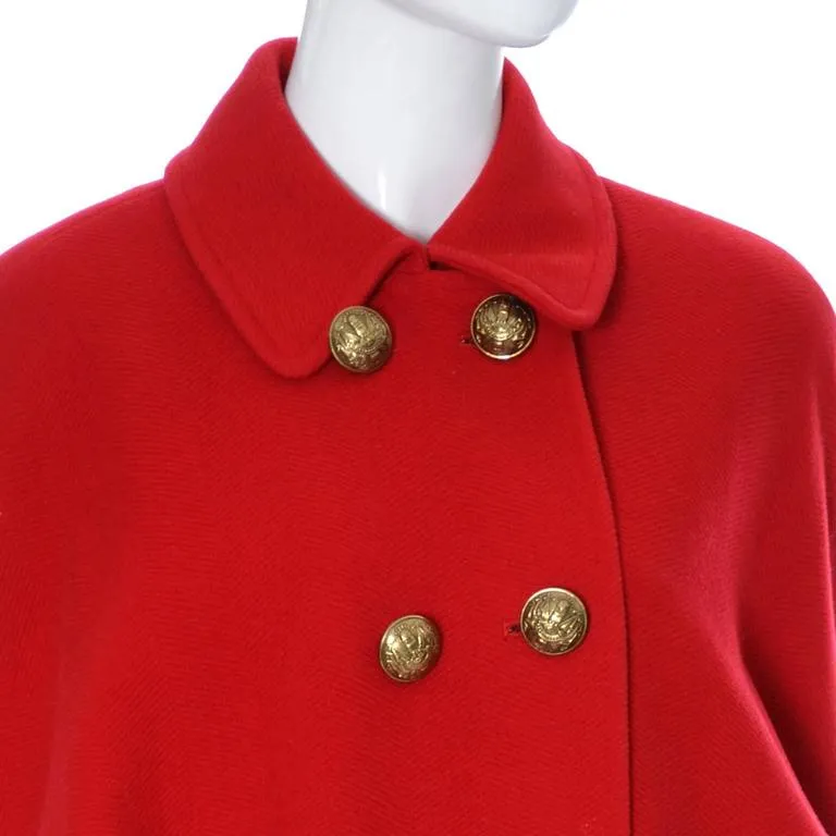 1980s Guy Laroche Boutique Vintage Red Wool Coat Brass Buttons Dolman Sleeves