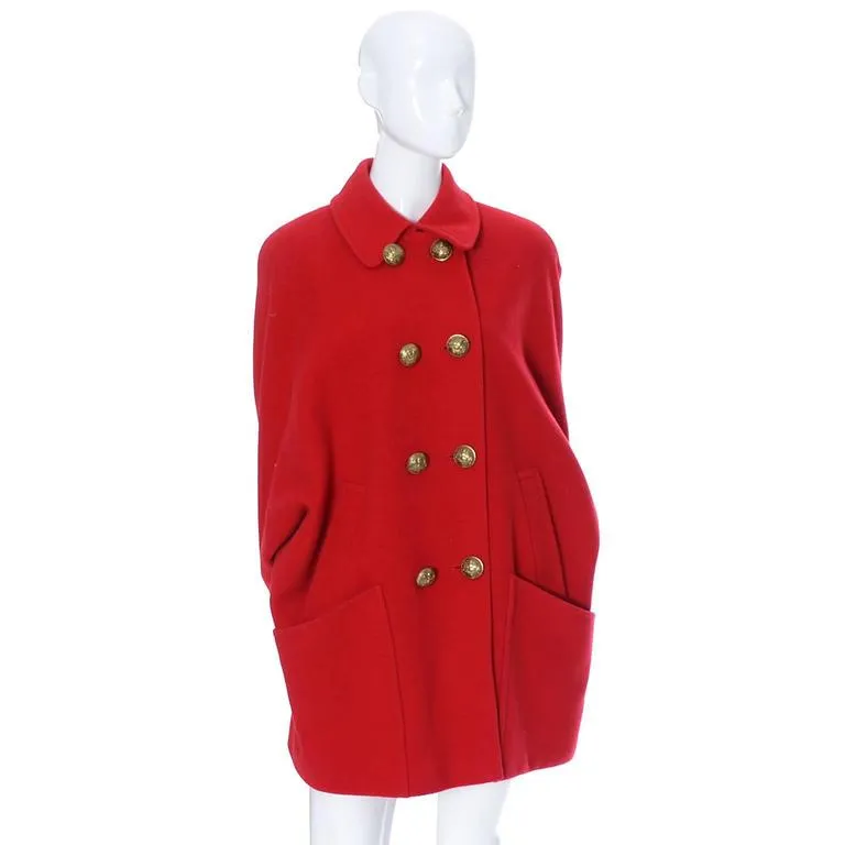 1980s Guy Laroche Boutique Vintage Red Wool Coat Brass Buttons Dolman Sleeves