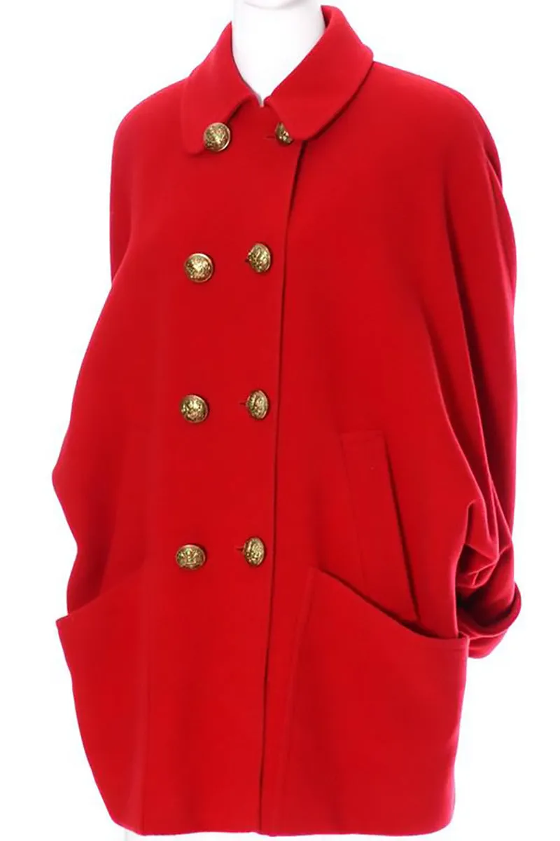 1980s Guy Laroche Boutique Vintage Red Wool Coat Brass Buttons Dolman Sleeves
