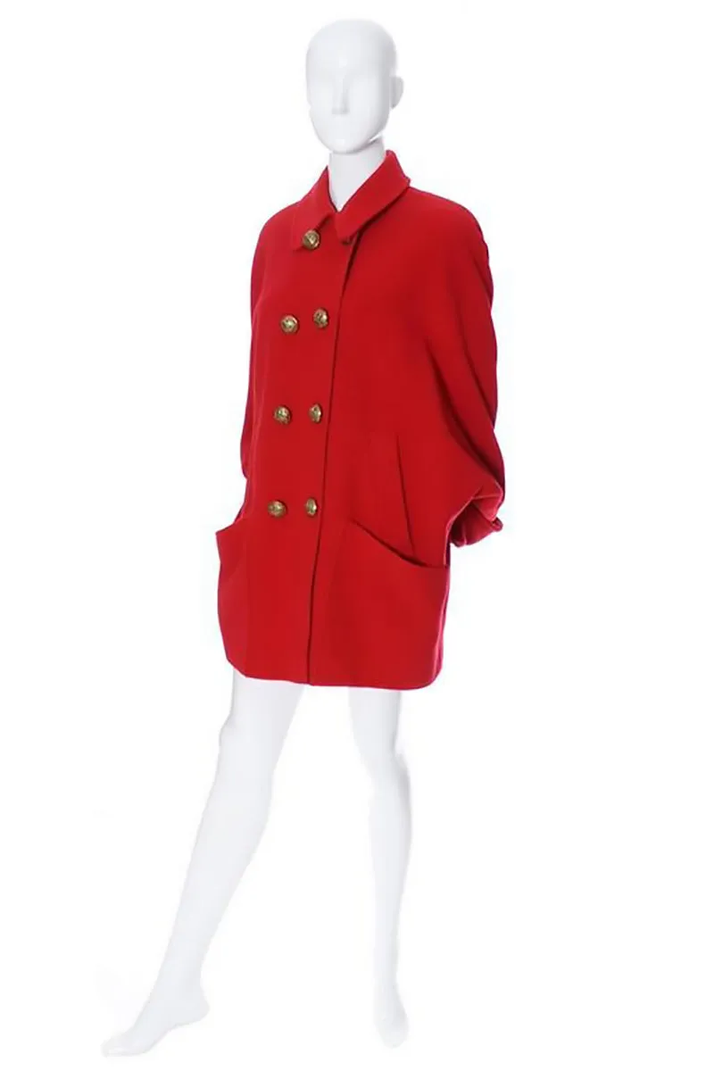 1980s Guy Laroche Boutique Vintage Red Wool Coat Brass Buttons Dolman Sleeves
