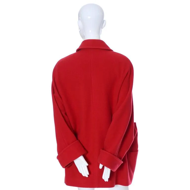 1980s Guy Laroche Boutique Vintage Red Wool Coat Brass Buttons Dolman Sleeves