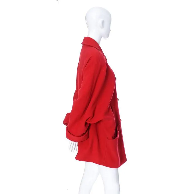 1980s Guy Laroche Boutique Vintage Red Wool Coat Brass Buttons Dolman Sleeves