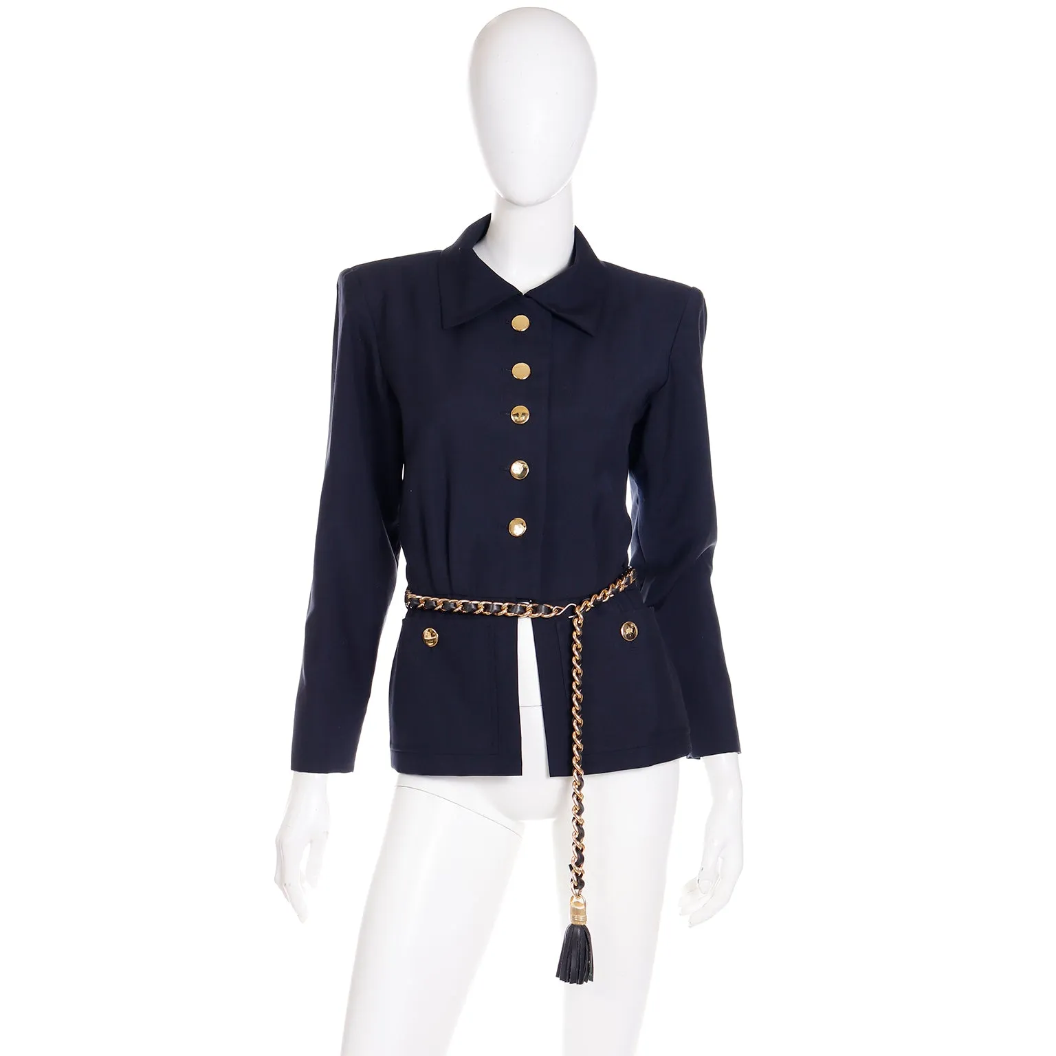 1987 Yves Saint Laurent Navy Blue Mohair Blend Jacket W Chain Belt