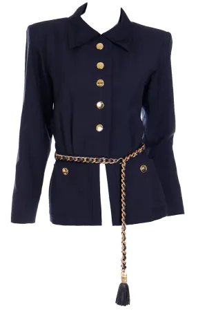 1987 Yves Saint Laurent Navy Blue Mohair Blend Jacket W Chain Belt