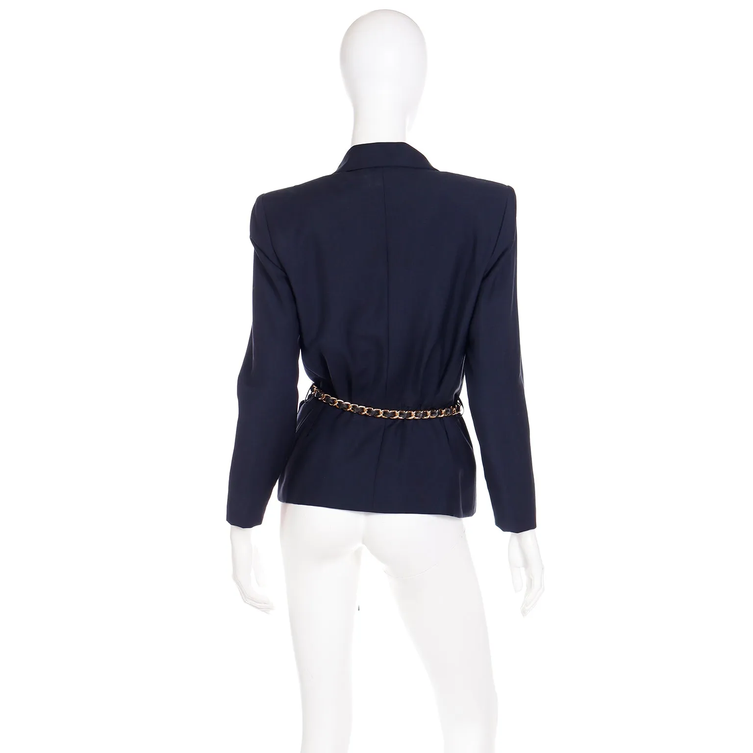1987 Yves Saint Laurent Navy Blue Mohair Blend Jacket W Chain Belt