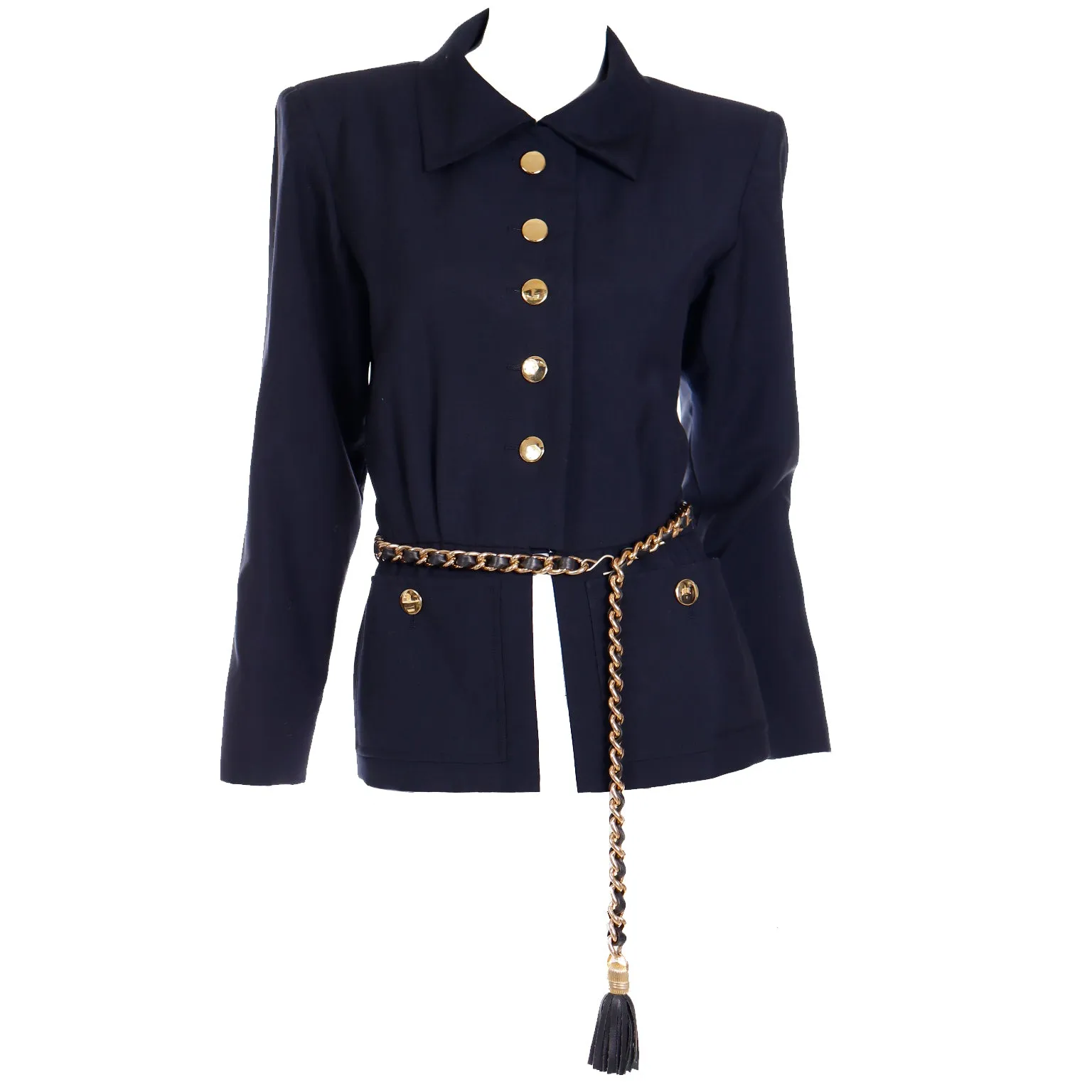 1987 Yves Saint Laurent Navy Blue Mohair Blend Jacket W Chain Belt