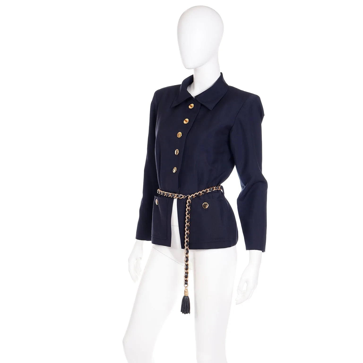 1987 Yves Saint Laurent Navy Blue Mohair Blend Jacket W Chain Belt