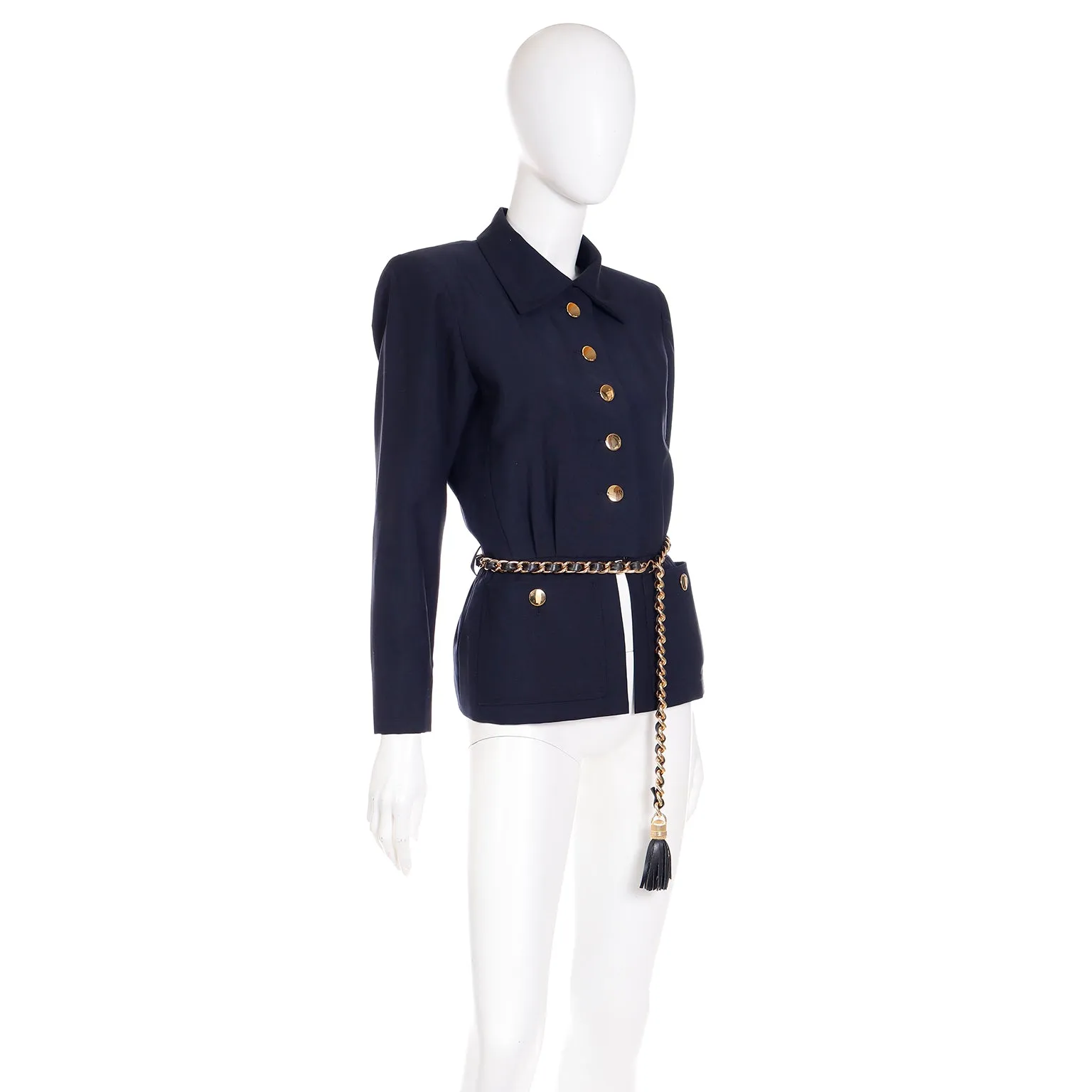 1987 Yves Saint Laurent Navy Blue Mohair Blend Jacket W Chain Belt
