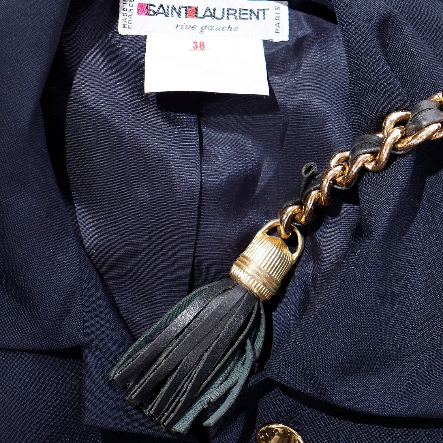 1987 Yves Saint Laurent Navy Blue Mohair Blend Jacket W Chain Belt