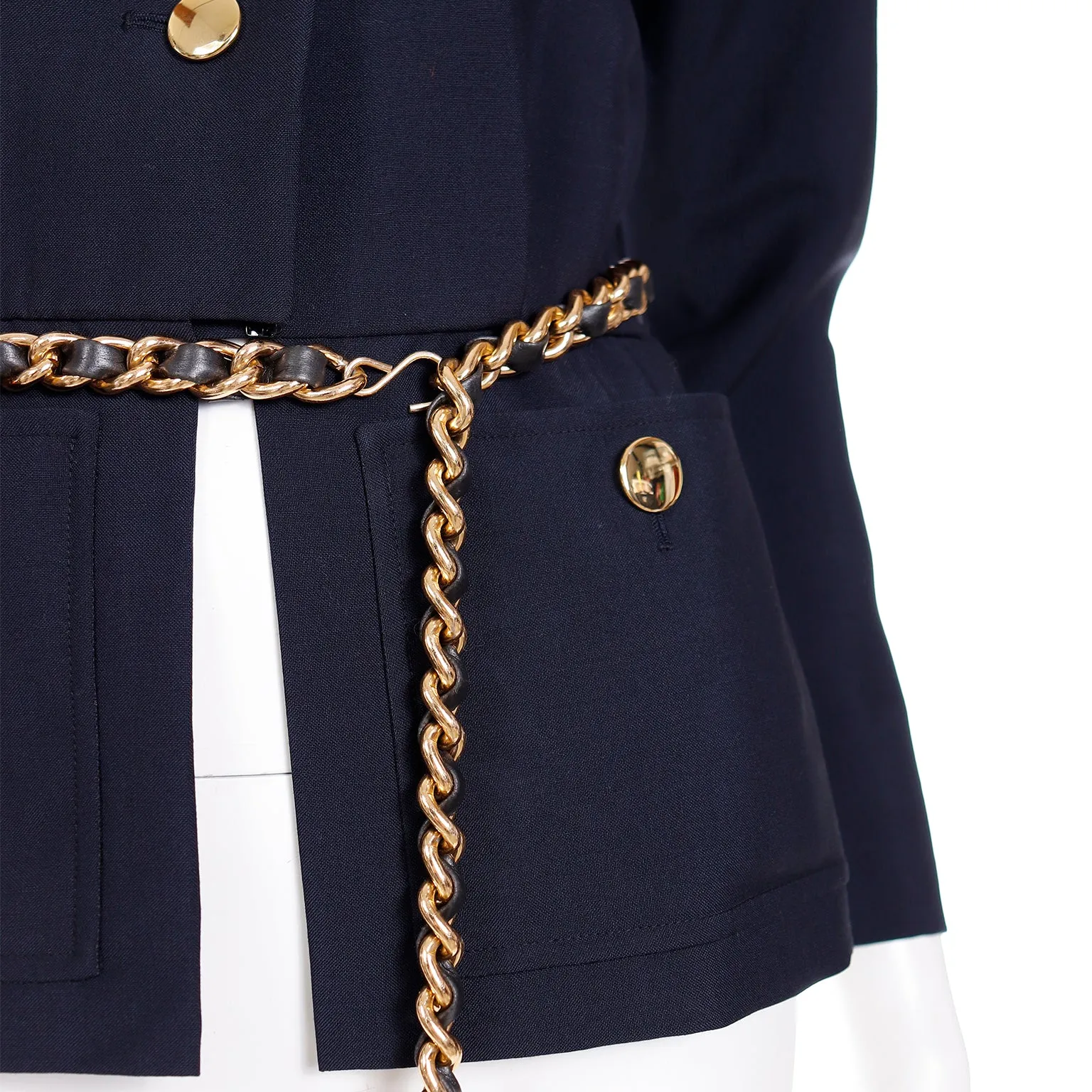 1987 Yves Saint Laurent Navy Blue Mohair Blend Jacket W Chain Belt