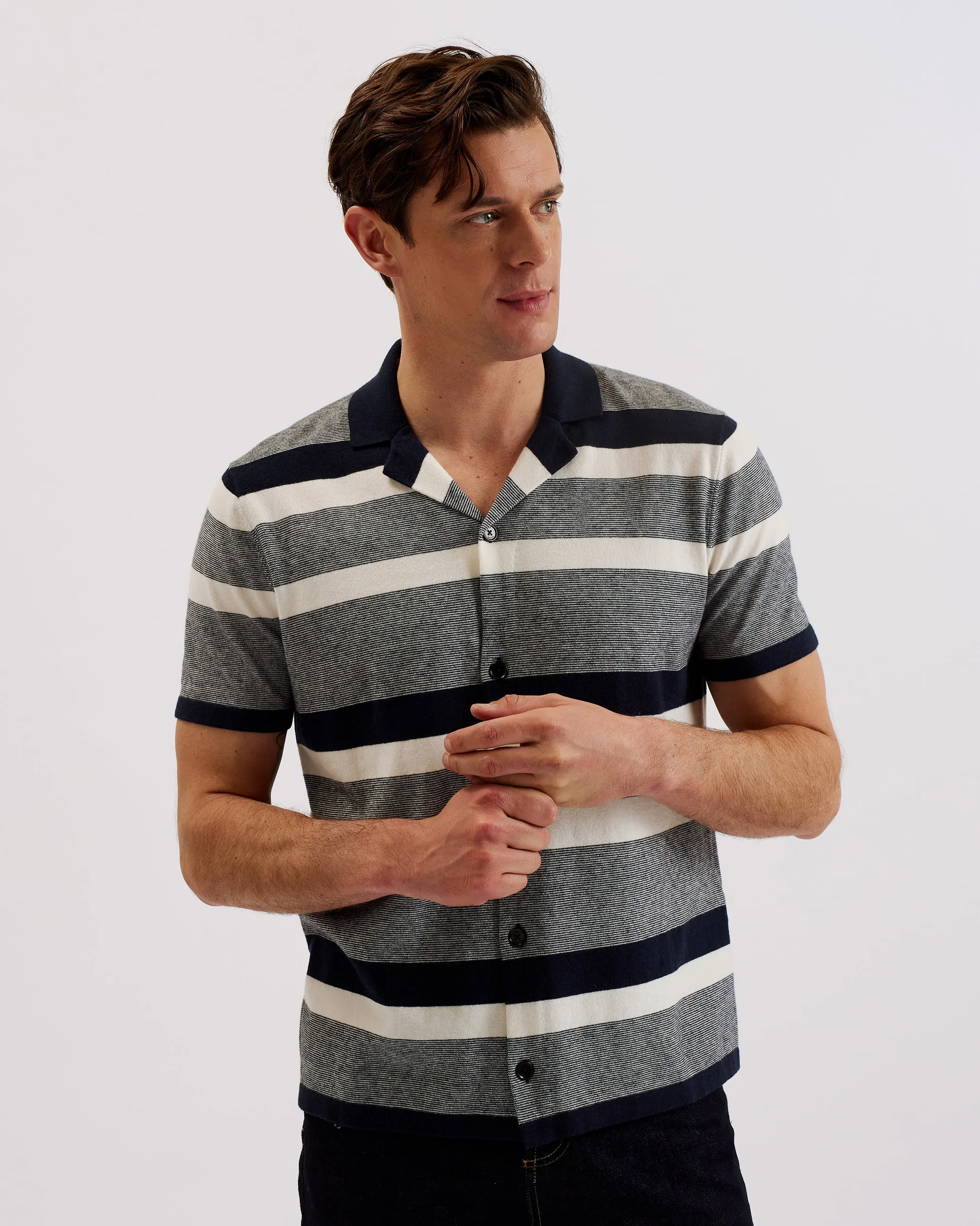 Ako Striped Knit Cotton Cashmere Shirt Navy