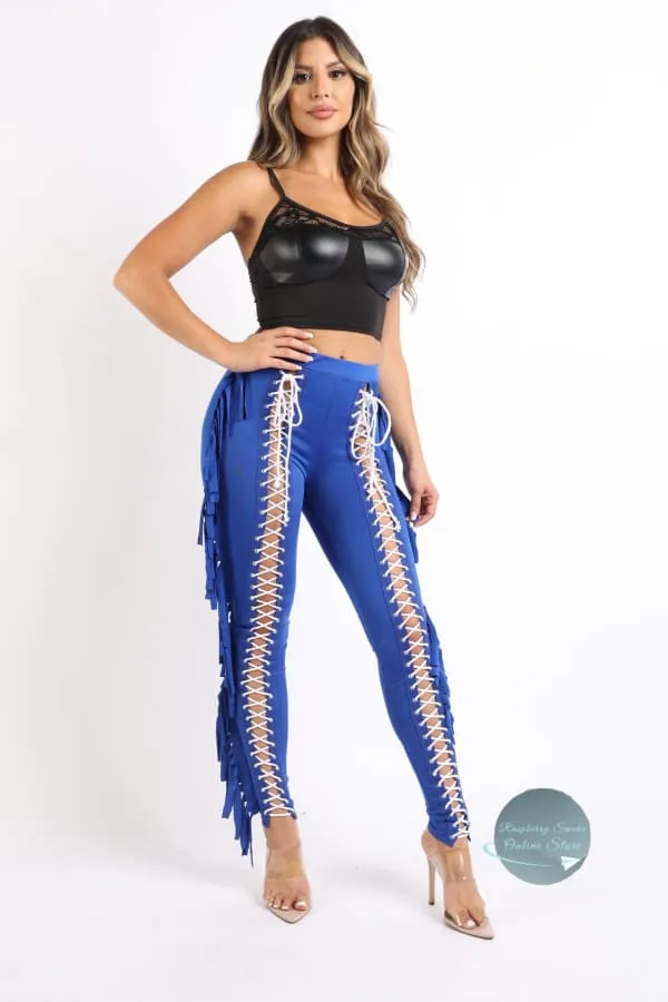 Chic Lace up Detailed Fringe Tassel Pants ROYAL
