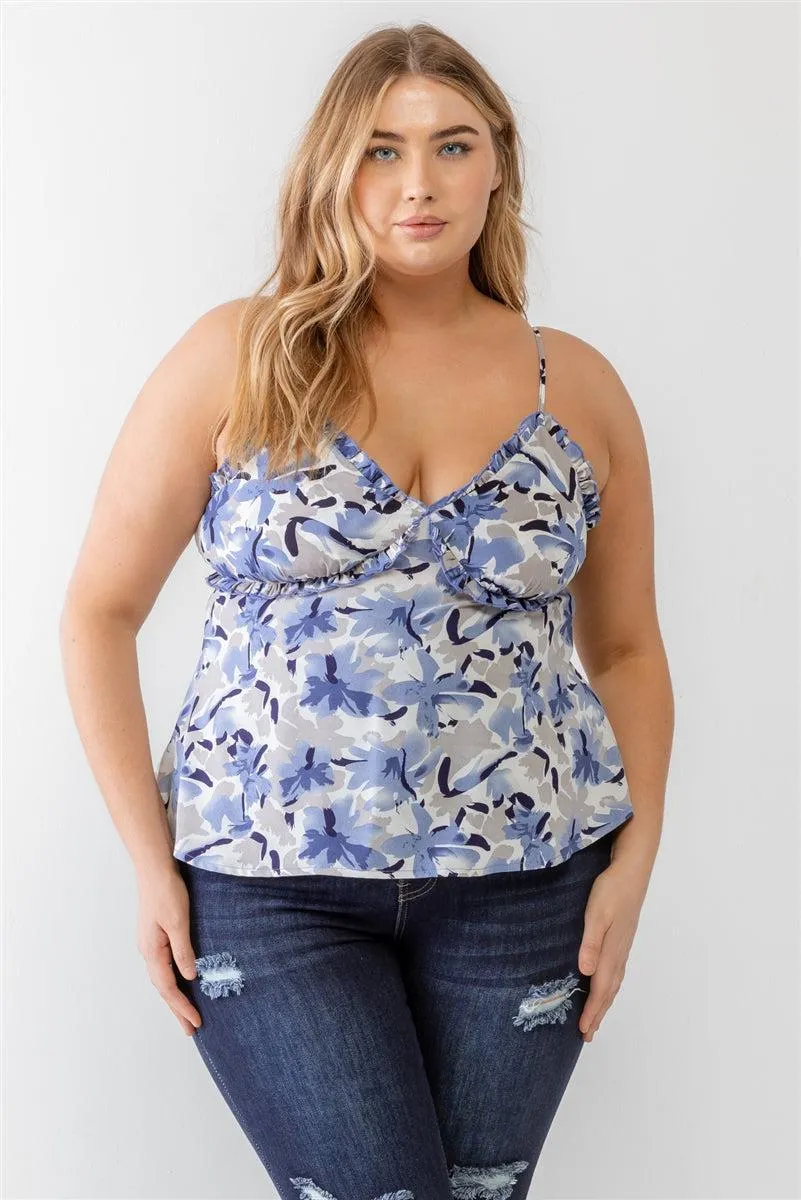 Plus Size Floral Print Blue Woven Tank Top