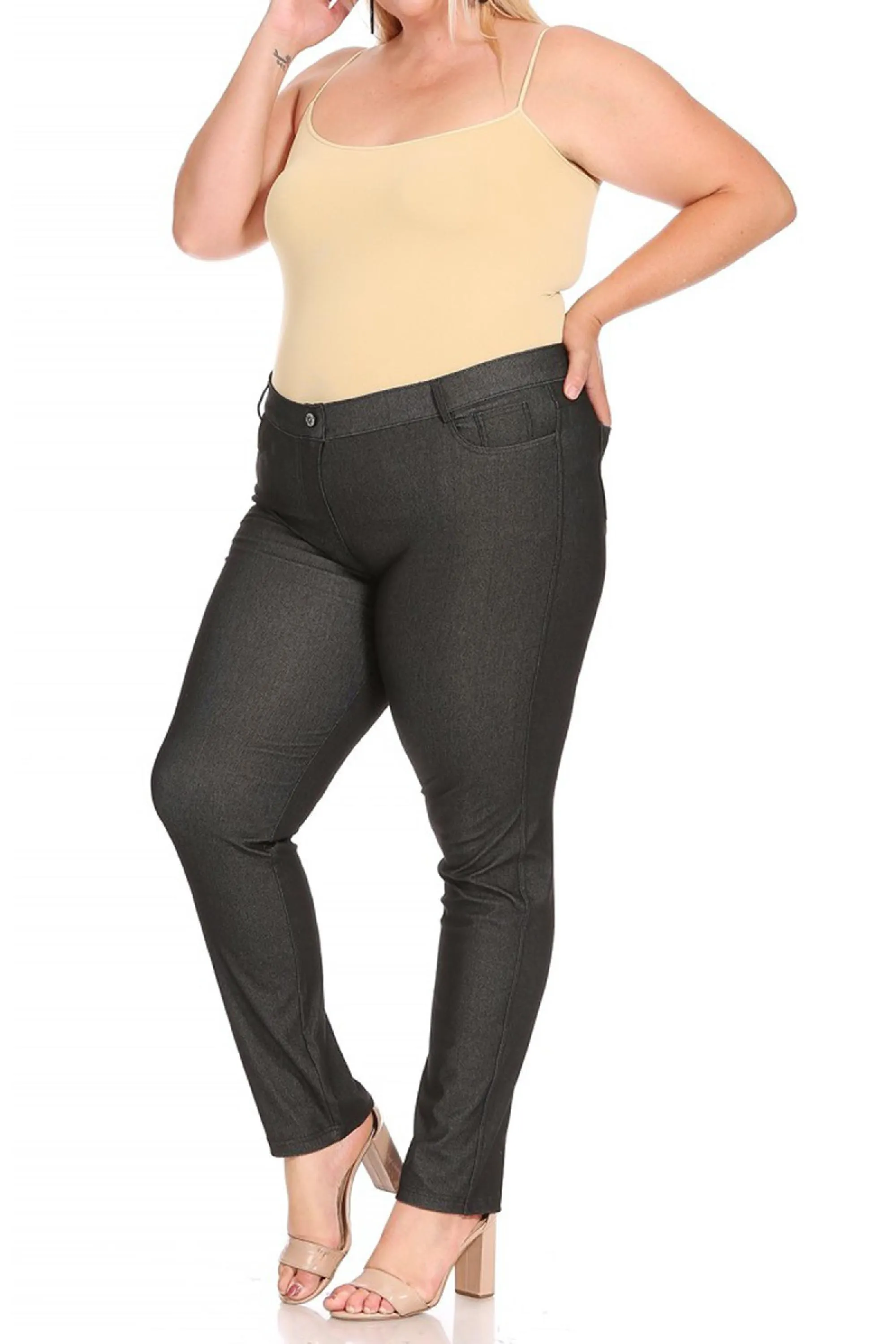 Women's Plus Size Casual Comfy Slim Pocket Jeggings Jeans Pants with Button